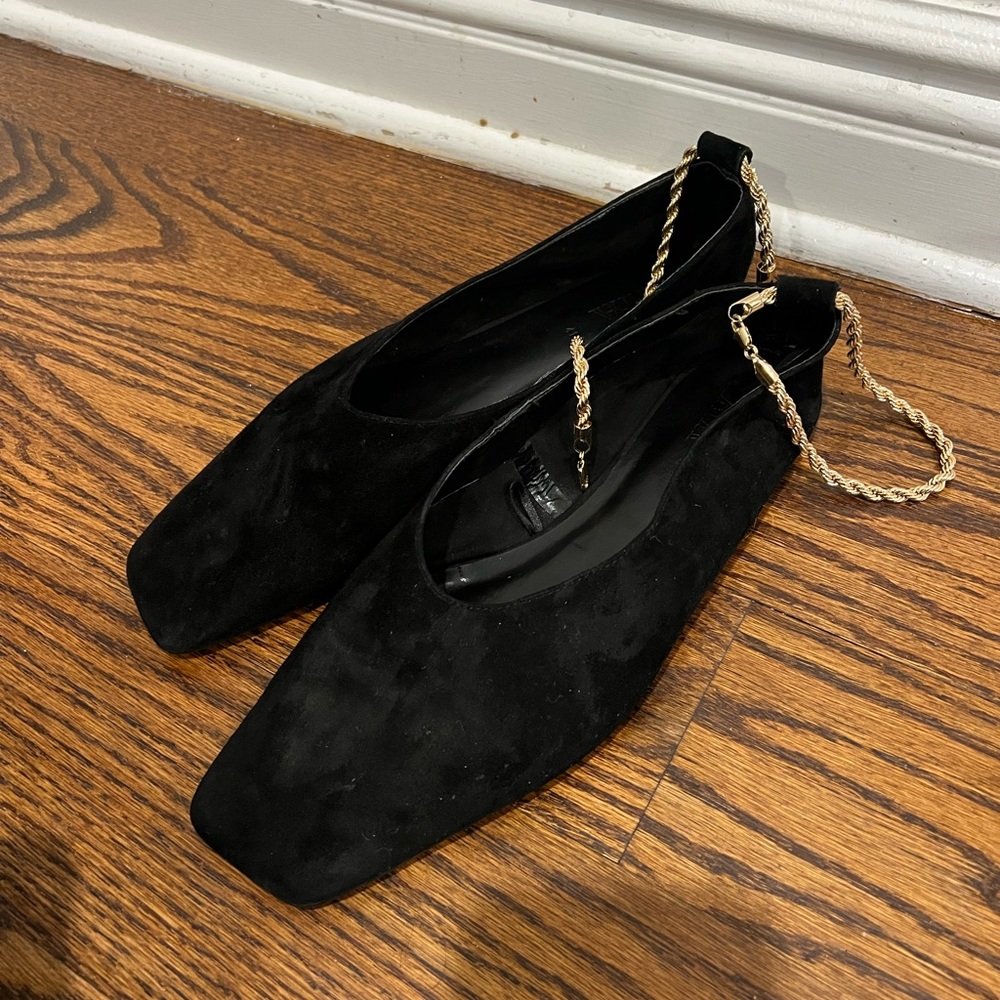 Zara faux suede flats with gold ankle bracelet